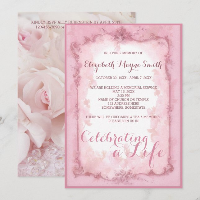 Memorial Service Celebrating a Life Pink Roses Invitation (Front/Back)