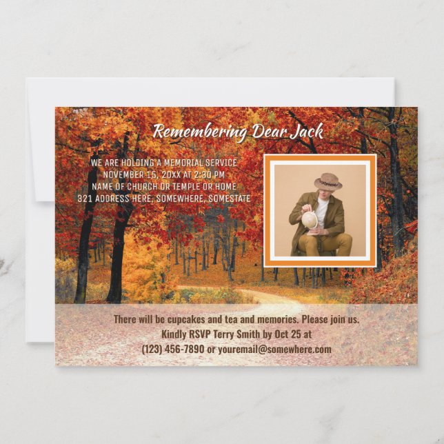 Memorial Service Fall Forest Autumn Add Your Photo Invitation (Back)