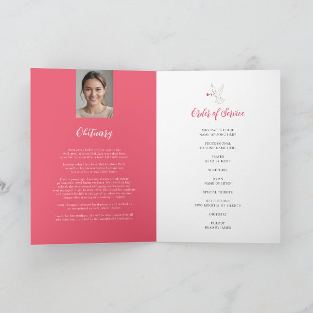 Memorial service funeral dove red pink rose photo program (Inside)
