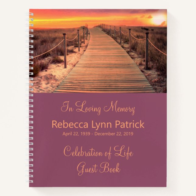 Memorial Service Guest Book Boardwalk Beach Sunset (Front)