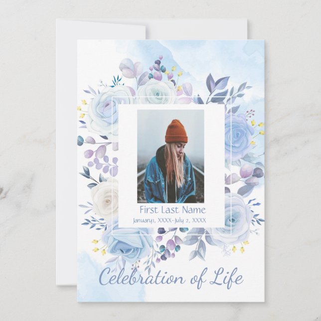 Memorial Service Hummingbird Blue Roses Invitation (Front)