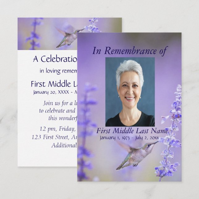 Memorial Service Hummingbird Lavender Custom Invitation (Front/Back)