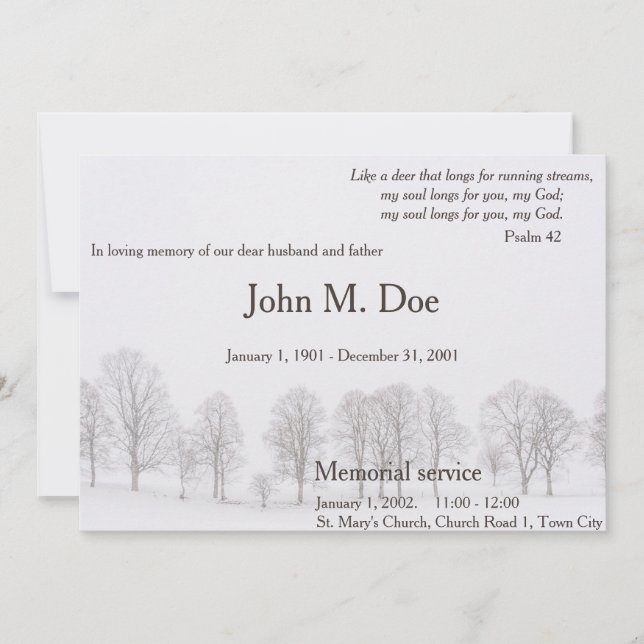 Memorial service invitation with trees and snow (Front)