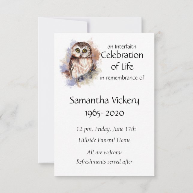 Memorial Service Invite Cute Owl Bird (Back)