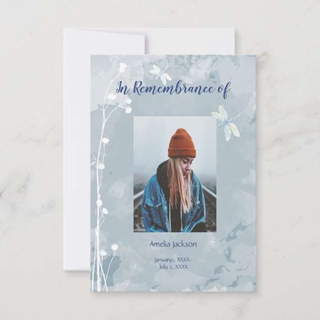 Memorial Service Invite Dragonfly White Flowers (Front)