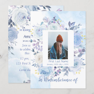 Memorial Service Invite Hummingbird Blue Roses 