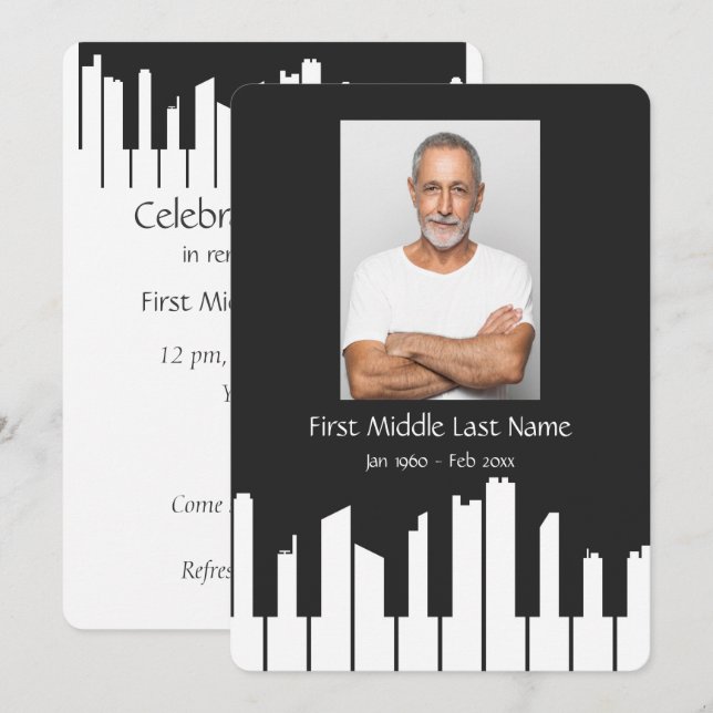 Memorial Service Invite Music Piano Keys City (Front/Back)