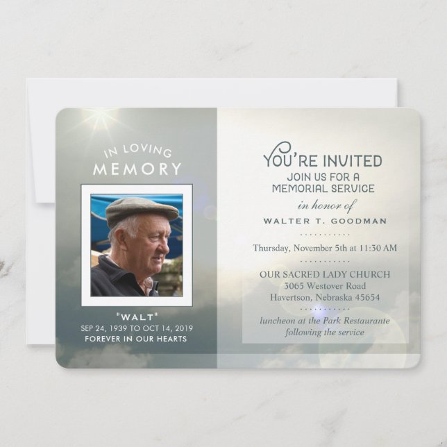 Memorial Service Invite Peaceful Clouds Blue White (Front)
