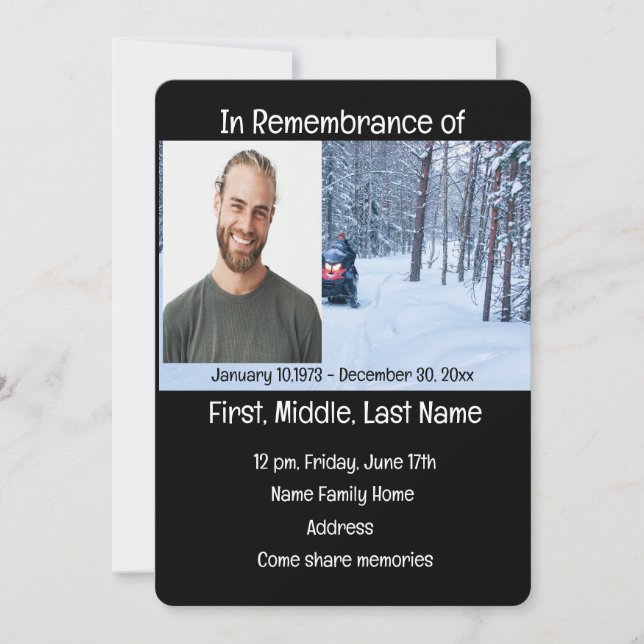 Memorial Service Invite Snow Mobile Winter Sports (Front)