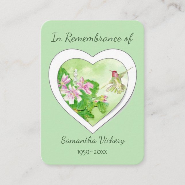 Memorial Service Keepsake Watercolor Hummingbird Business Card (Front)