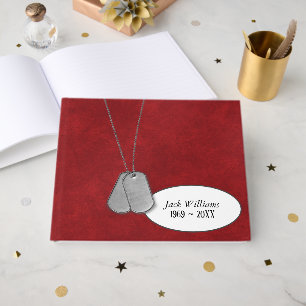 Memorial Service Military Dog Tags on Red Leather Guest Book