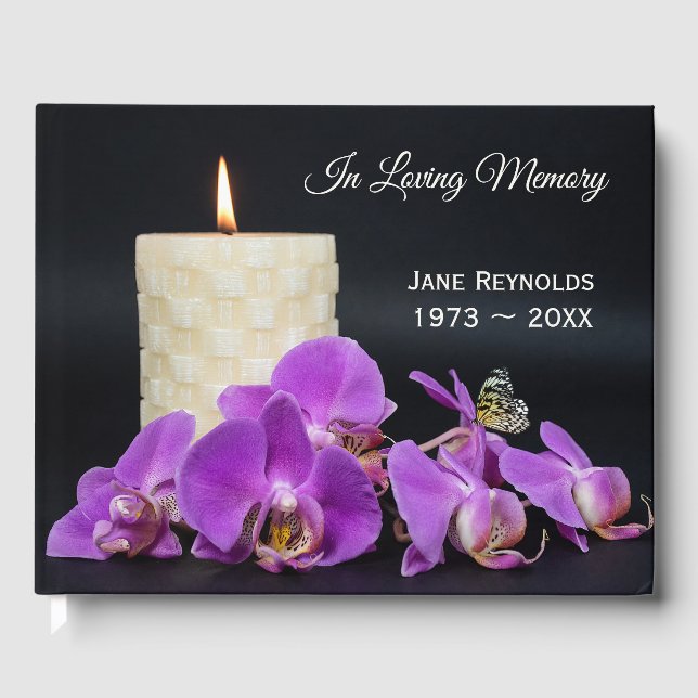Memorial Service Orchids and Butterfly with Candle Guest Book (Front)