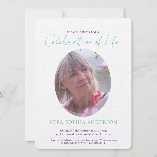 Memorial service oval photo aqua purple invitation (Front)