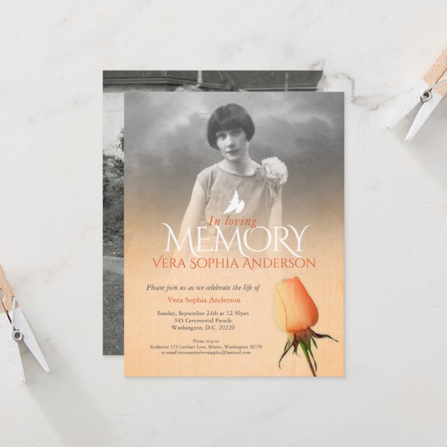 Memorial service photo apricot orange rose funeral invitation (Front/Back In Situ)