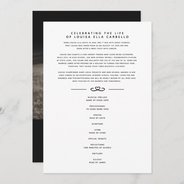 Memorial service photo hearts black white program (Front/Back)