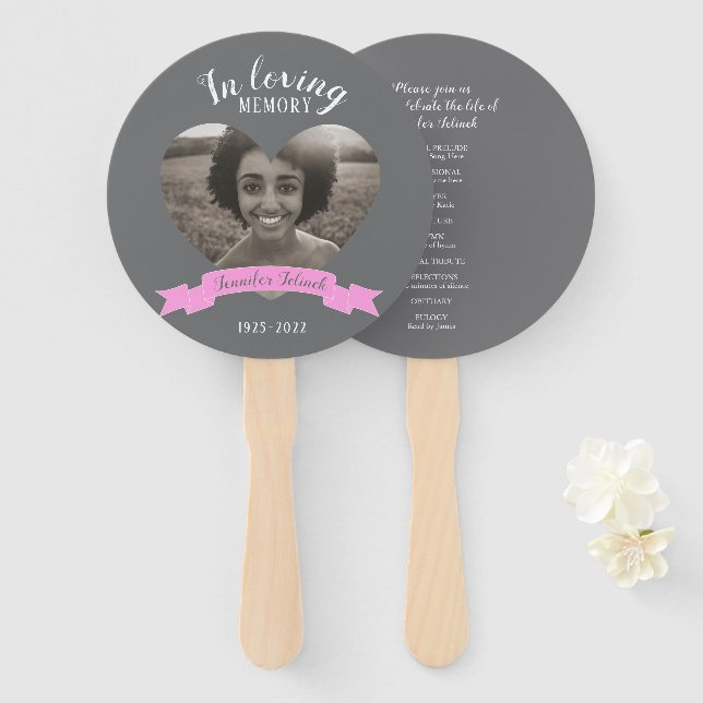 Memorial service photo pink ribbon program fans (Front and Back)