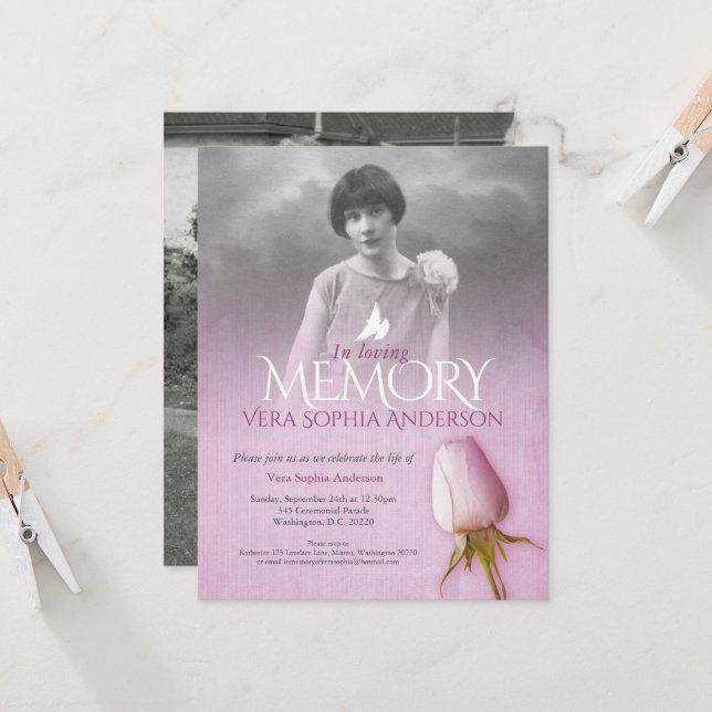 Memorial service photo purple rose funeral invitation (Front/Back In Situ)