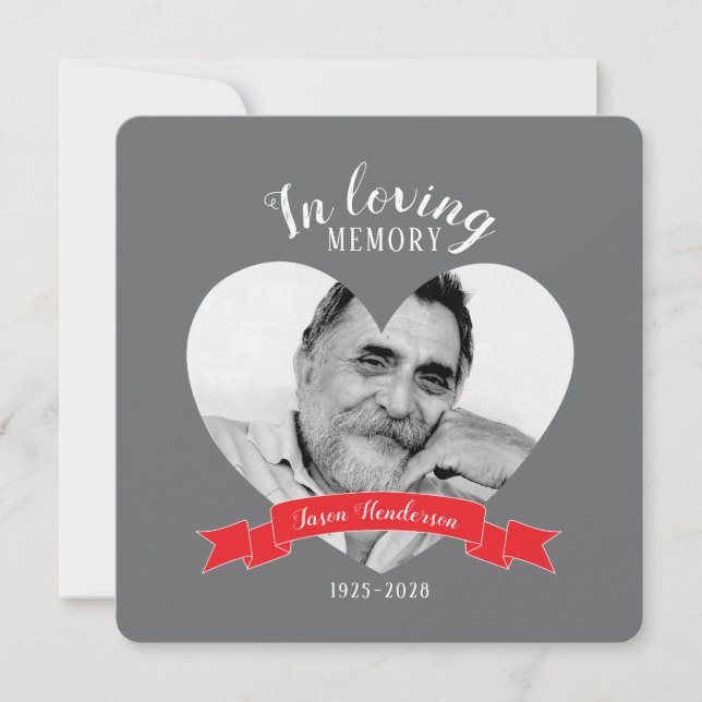 Memorial service photo red ribbon invites (Front)