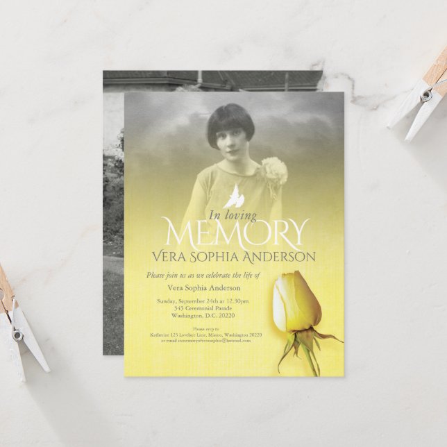 Memorial service photo yellow rose funeral invitation (Front/Back In Situ)