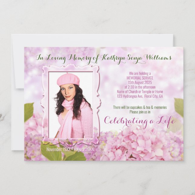 Memorial Service Pink Hydrangea Add Your Photo Invitation (Front)