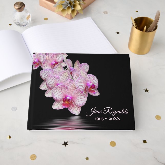 Memorial Service Pink Orchids Water Reflection  Guest Book (Front Open)