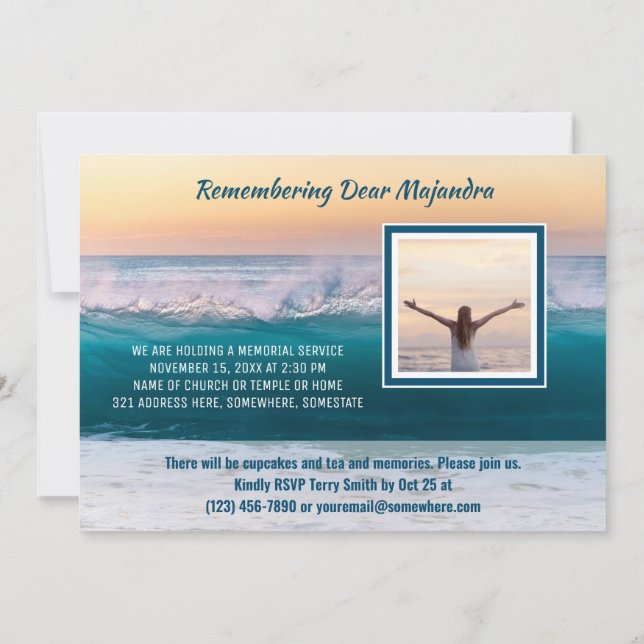 Memorial Service Sea Ocean Waves Add Your Photo Invitation (Back)
