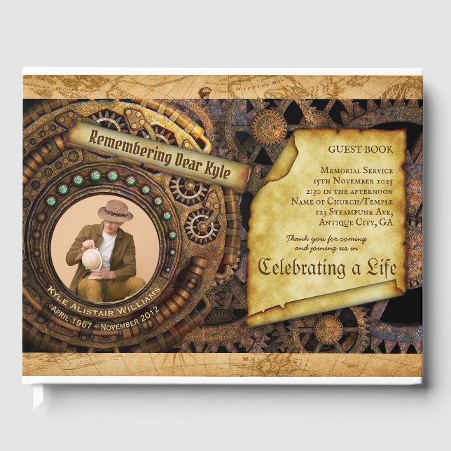 Memorial Service Steampunk Gear Time Machine Photo Guest Book (Front)