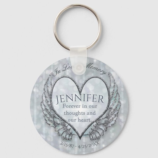 Memorial | Silver Angel Wings and Heart Keychain (Front)