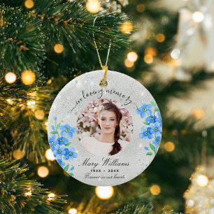 Memorial Silver blue florals photo Ceramic Ornament