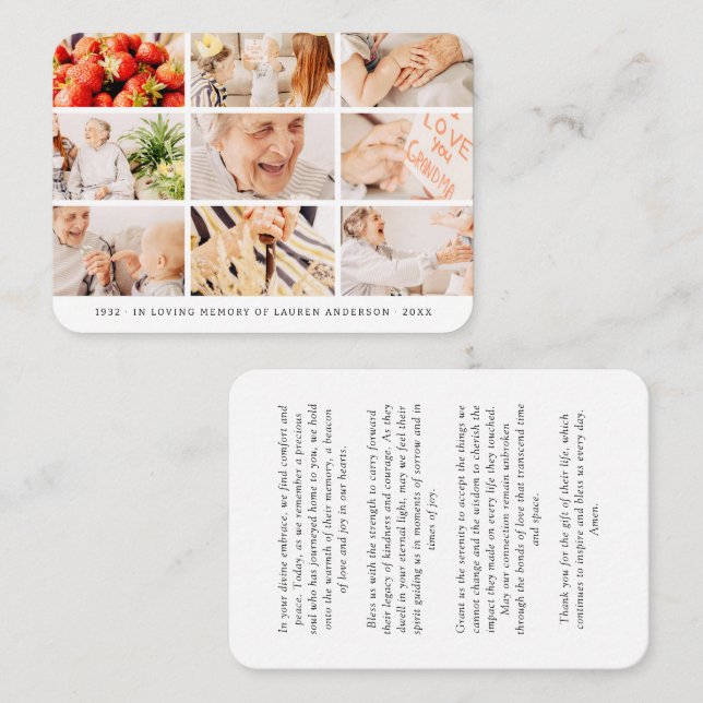 Memorial Simple Modern 9 Photos Grid Prayer Business Card (Front/Back)