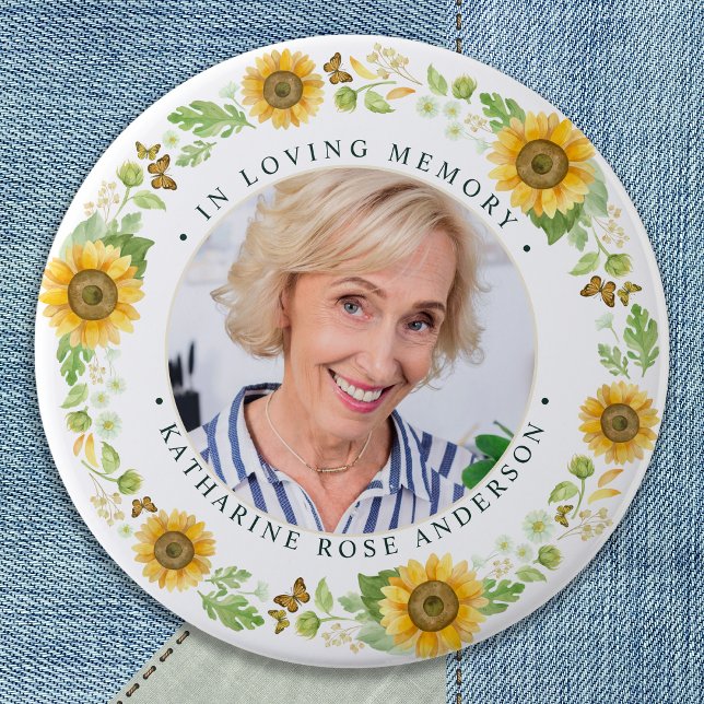 Memorial Sunflowers Personalized Photo Funeral 3 Inch Round Button (Creator Uploaded)