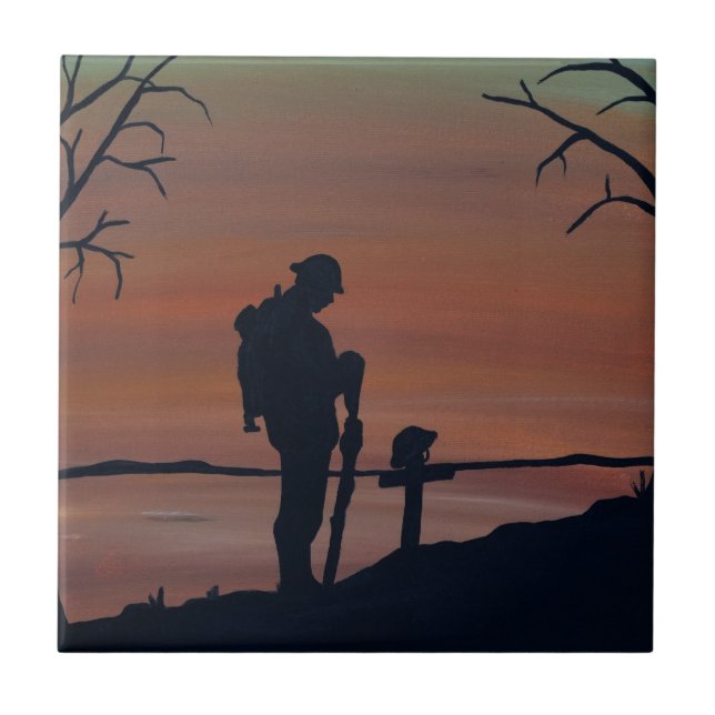 Memorial, Veternas Day, silhouette solider at grav Tile (Front)