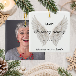 Memorial white angel wings loving memory photo ceramic ornament