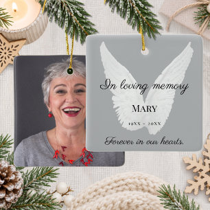 Memorial white angel wings loving memory photo ceramic ornament