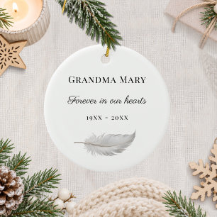 Memorial white feather hearts memory ceramic ornament