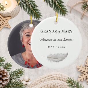 Memorial white feather hearts memory photo ceramic ornament