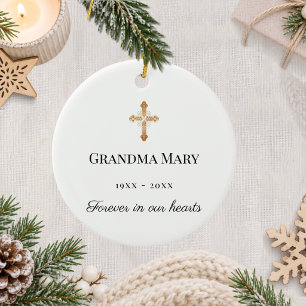 Memorial white gold cross loving memory ceramic ornament