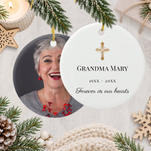 Memorial white gold cross loving memory photo ceramic ornament