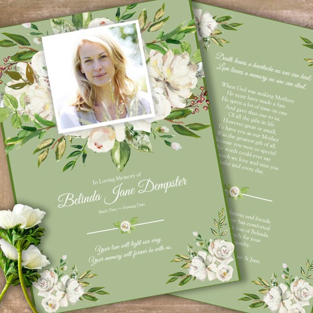 Memorial White Rose Funeral Thank You Card (Sympathy floral Celebration of Life, In Loving Memory, Forever in our Hearts Funeral thank you cards)