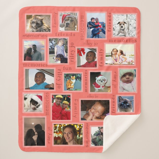 Memories Coral 20 Photo Collage Personalized Sherpa Blanket (Front)