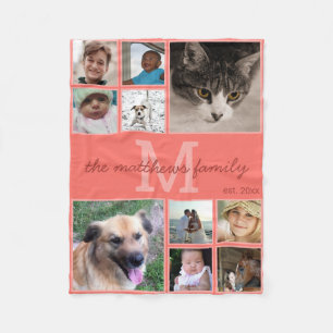 Memories Coral Monogram 10 Photo Collage Fleece Blanket
