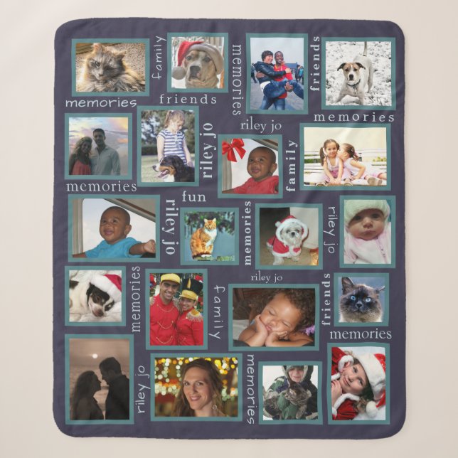 Memories Navy Blue 20 Photo Collage Personalized Sherpa Blanket (Front)