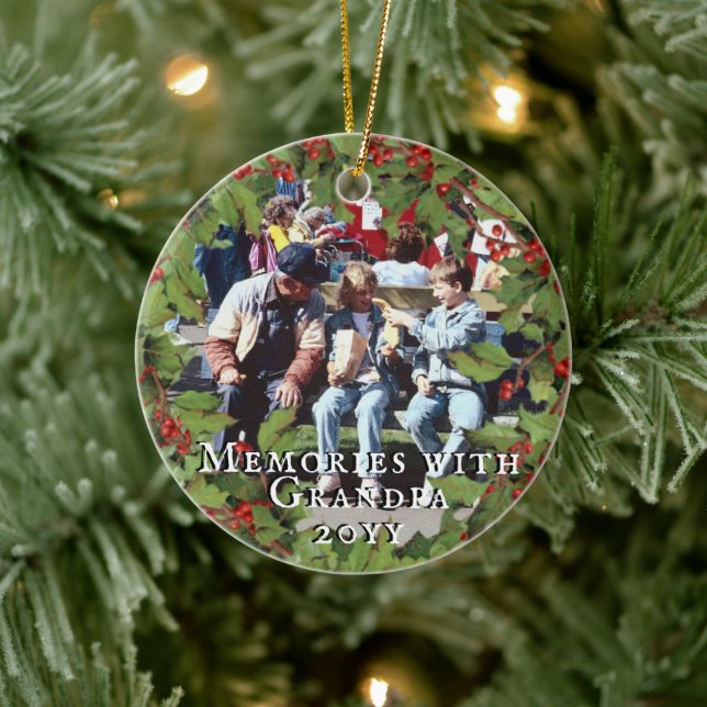 Memories with Grandpa Photo - Holly Berries Frame Ceramic Ornament (Tree)