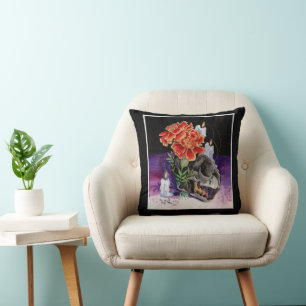 Memory Maps Autumn Vibes Kitty skull painting Post Throw Pillow