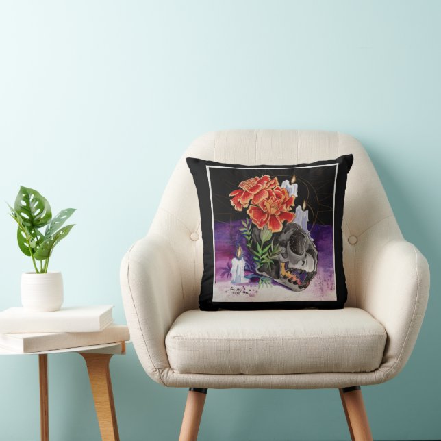 Memory Maps Autumn Vibes Kitty skull painting Post Throw Pillow (Chair)