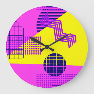Memphis Eighties: Geometric Shapes Background Large Clock