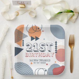 Memphis Geometric Shapes 21st Birthday Paper Plate