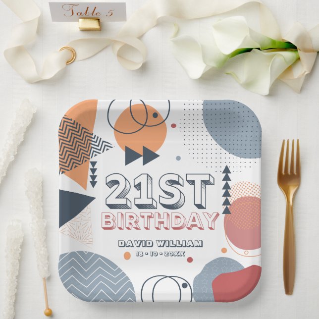 Memphis Geometric Shapes 21st Birthday Paper Plate (Wedding)