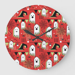 Memphis ghost: Halloween geometric pattern. Large Clock