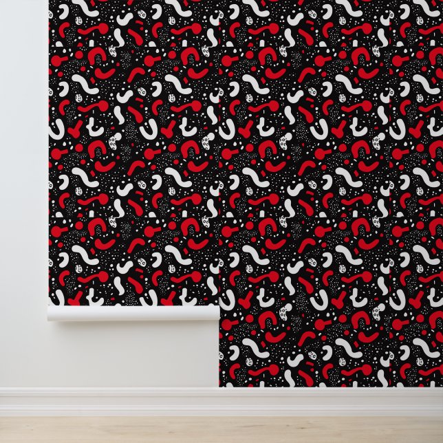 Memphis Pattern: Modern Black, Red & White Wallpaper (Application)